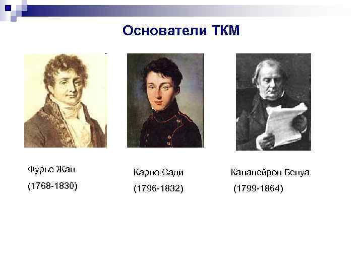 Основатели ТКМ Фурье Жан Карно Сади Калапейрон Бенуа (1768 -1830) (1796 -1832) (1799 -1864)