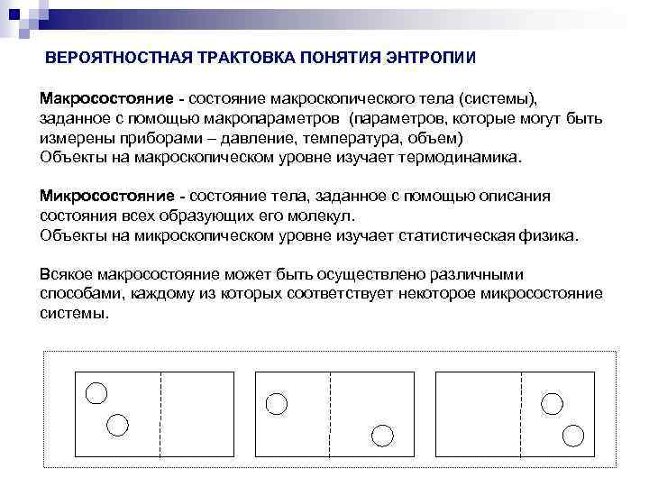 ВЕРОЯТНОСТНАЯ ТРАКТОВКА ПОНЯТИЯ ЭНТРОПИИ Макросостояние - состояние макроскопического тела (системы), заданное с помощью макропараметров