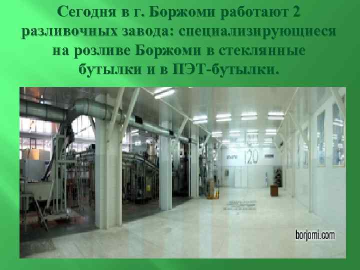 Сегодня в г. Боржоми работают 2 разливочных завода: специализирующиеся на розливе Боржоми в стеклянные