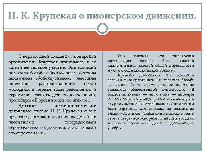 Н. К. Крупская о пионерском движении. С первых дней создания пионерской организации Крупская принимала