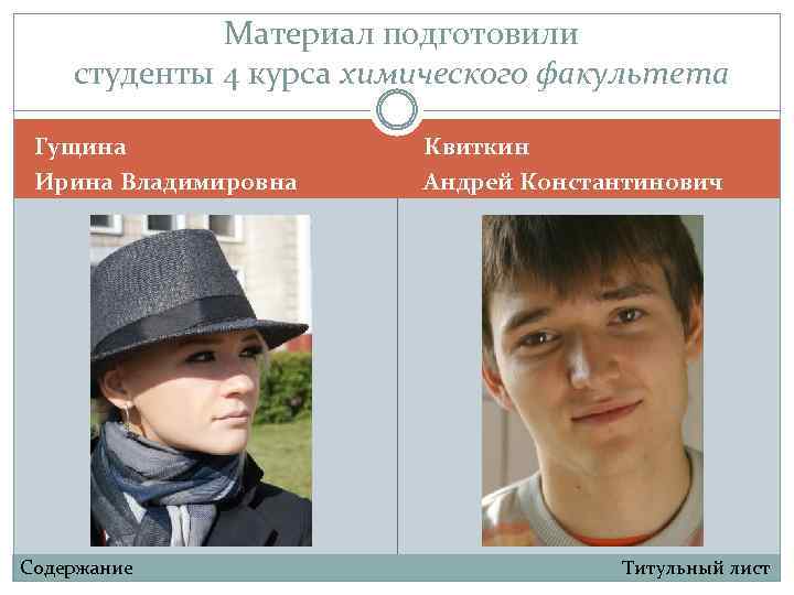 Материал подготовили студенты 4 курса химического факультета Гущина Ирина Владимировна Содержание Квиткин Андрей Константинович