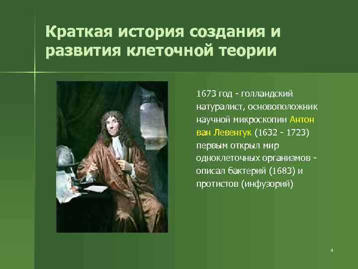 Краткая история создания и развития клеточной теории 1673 год - голландский натуралист, основоположник научной