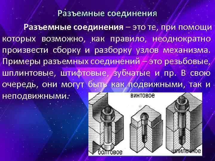Разъемные соединения – это те, при помощи которых возможно, как правило, неоднократно произвести сборку