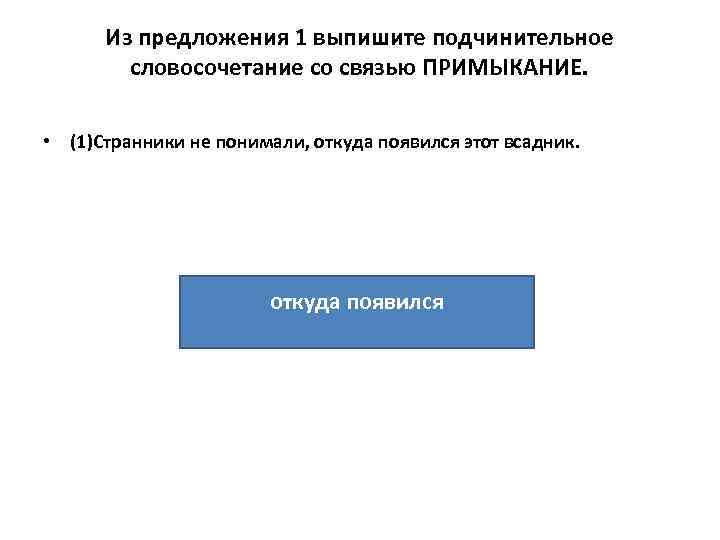 Из предложения 1 выпишите подчинительное словосочетание со связью ПРИМЫКАНИЕ. • (1)Странники не понимали, откуда