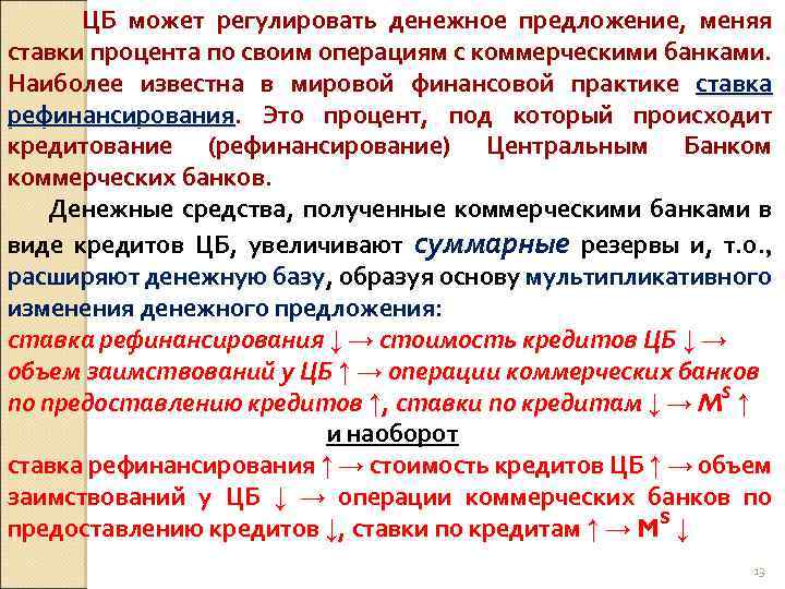 ЦБ может регулировать денежное предложение, меняя ставки процента по своим операциям с коммерческими банками.