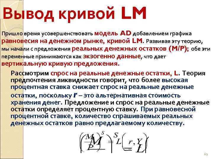 Вывод кривой LM Пришло время усовершенствовать модель AD добавлением графика равновесия на денежном рынке,