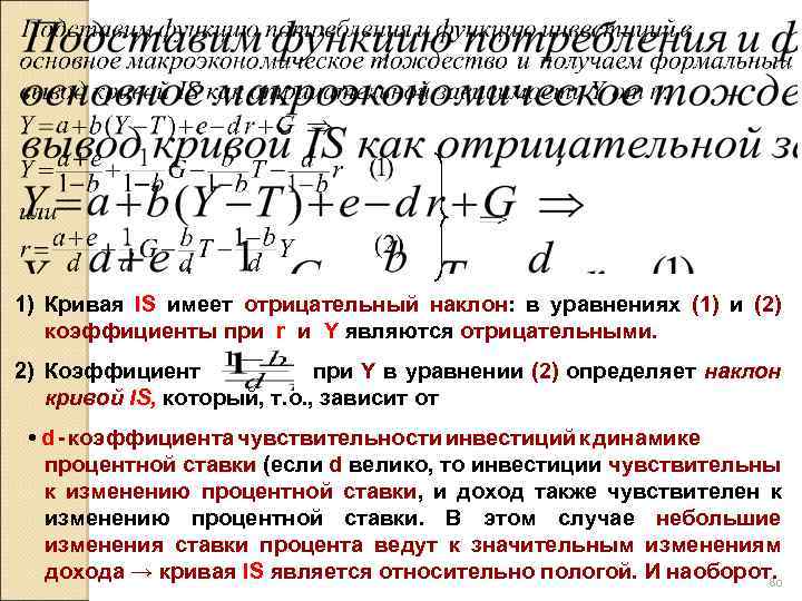 1) Кривая IS имеет отрицательный наклон: в уравнениях (1) и (2) IS коэффициенты при