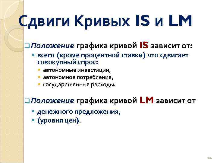 Сдвиги Кривых IS и LM q Положение графика кривой IS зависит от: § всего