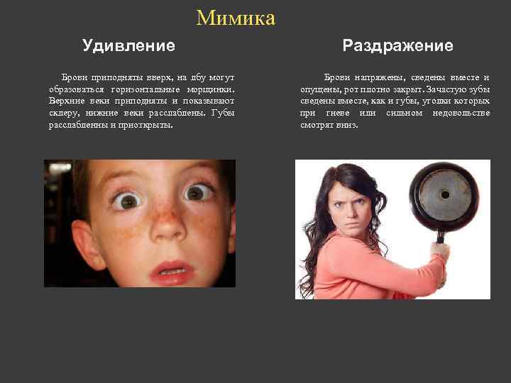 Мимика Удивление Брови приподняты вверх, на лбу могут образоваться горизонтальные морщинки. Верхние веки приподняты