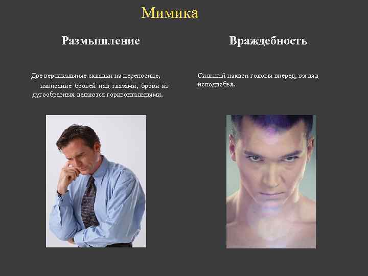 Мимика Размышление Две вертикальные складки на переносице, нависание бровей над глазами, брови из дугообразных