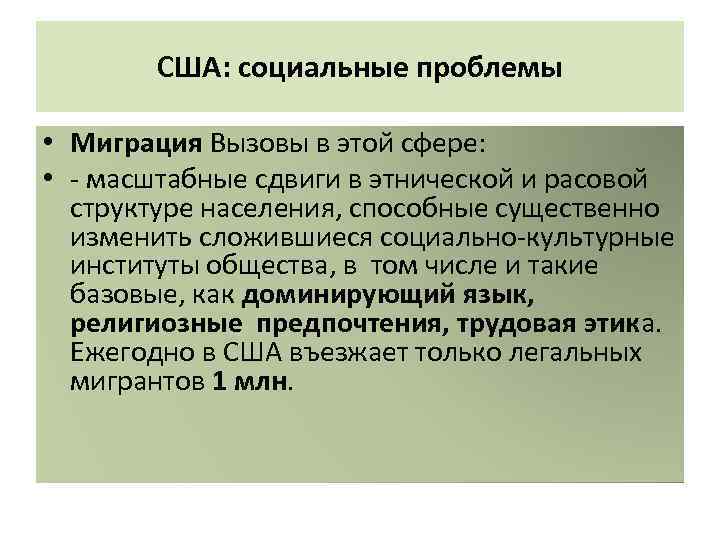 США: социальные проблемы • Миграция Вызовы в этой сфере: • - масштабные сдвиги в