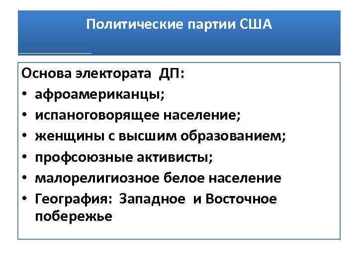 Политические партии США Основа электората ДП: • афроамериканцы; • испаноговорящее население; • женщины с
