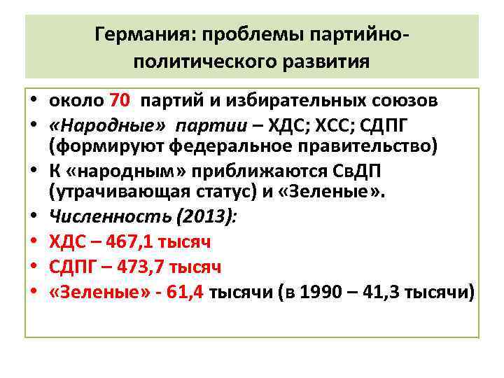 Германия: проблемы партийнополитического развития • около 70 партий и избирательных союзов • «Народные» партии