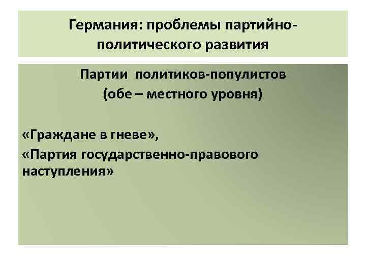 Германия: проблемы партийнополитического развития Партии политиков-популистов (обе – местного уровня) «Граждане в гневе» ,