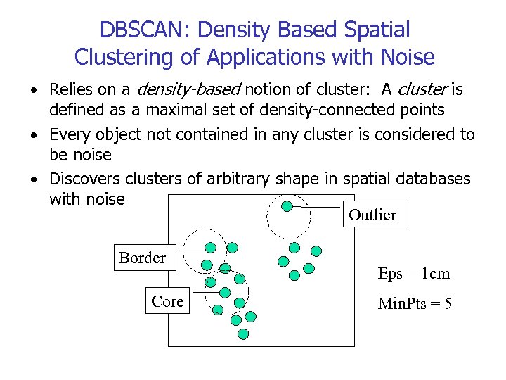 DBSCAN: Density Based Spatial Clustering of Applications with Noise • Relies on a density-based