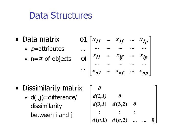 Data Structures • Data matrix • p=attributes • n=# of objects o 1 …