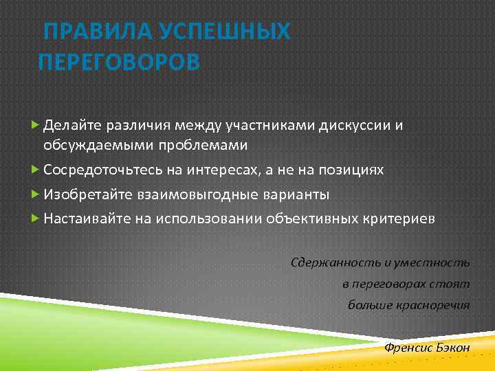 ПРАВИЛА УСПЕШНЫХ ПЕРЕГОВОРОВ Делайте различия между участниками дискуссии и обсуждаемыми проблемами Сосредоточьтесь на интересах,