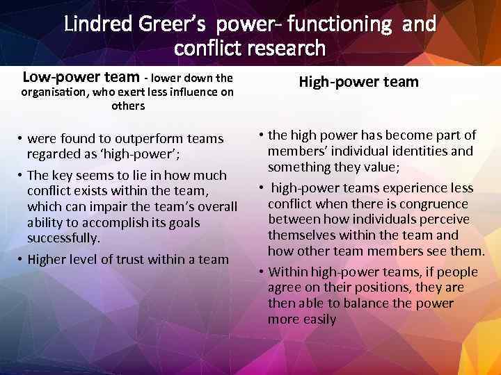 Lindred Greer’s power- functioning and conflict research Low-power team - lower down the organisation,