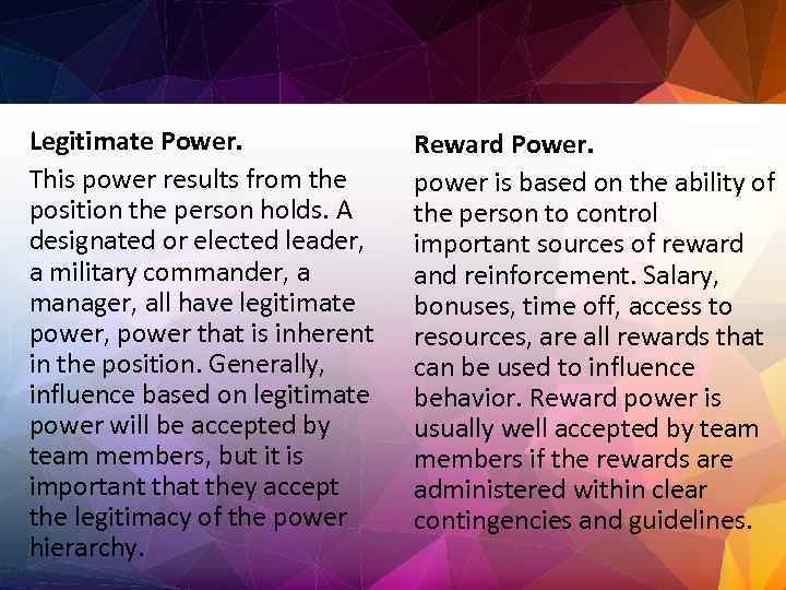 Legitimate Power. This power results from the position the person holds. A designated or