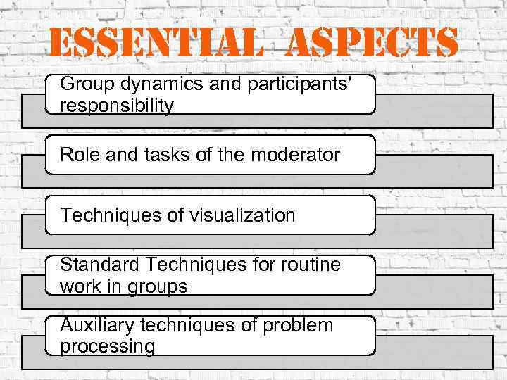 essential aspects Group dynamics and participants' responsibility Role and tasks of the moderator Techniques