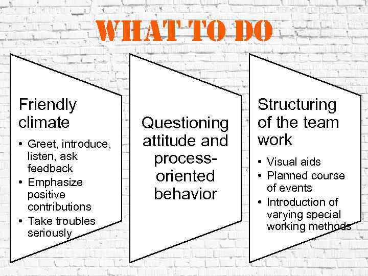 what to do Friendly climate • Greet, introduce, listen, ask feedback • Emphasize positive