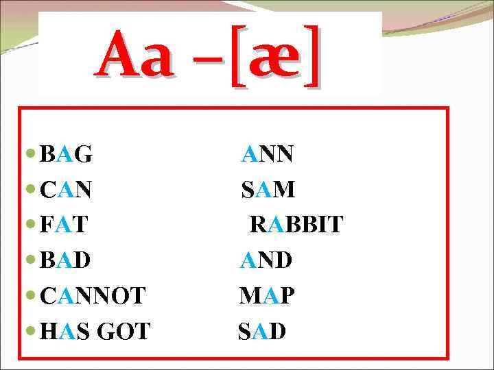 Аа –[æ] BAG CAN FAT BAD CANNOT HAS GOT ANN SAM RABBIT AND MAP