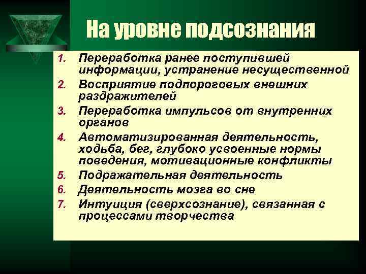 На уровне подсознания 1. 2. 3. 4. 5. 6. 7. Переработка ранее поступившей информации,