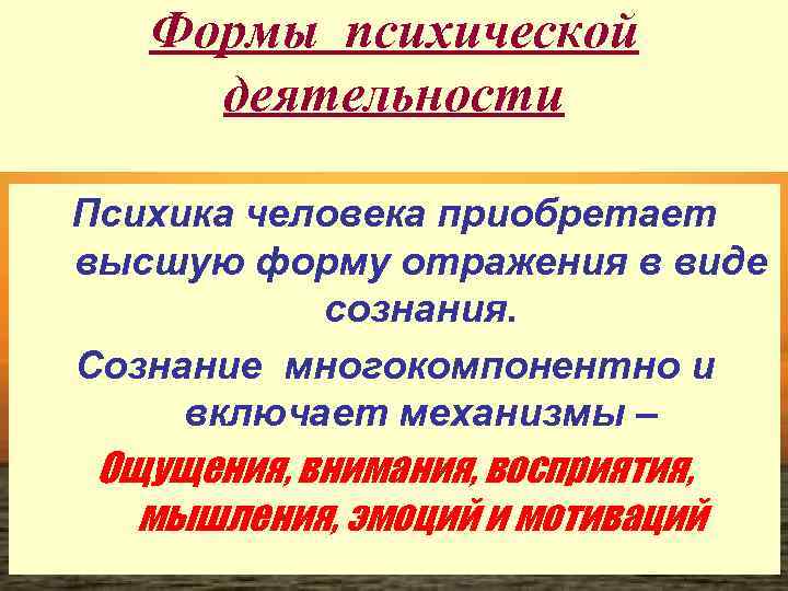 Формы психической деятельности Психика человека приобретает высшую форму отражения в виде сознания. Сознание многокомпонентно