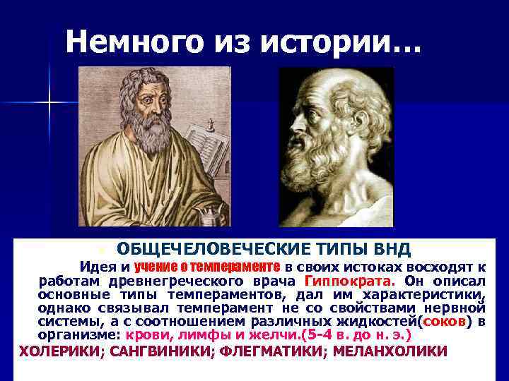 Немного из истории… n ОБЩЕЧЕЛОВЕЧЕСКИЕ ТИПЫ ВНД Идея и учение о темпераменте в своих
