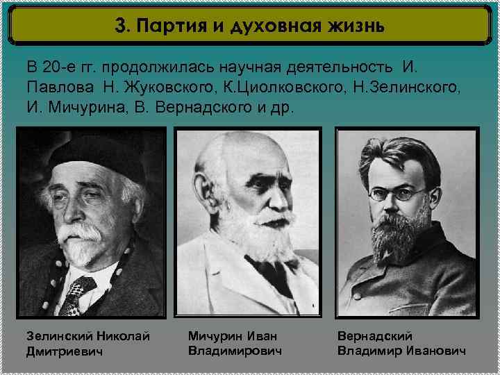 3. Партия и духовная жизнь В 20 -е гг. продолжилась научная деятельность И. Павлова
