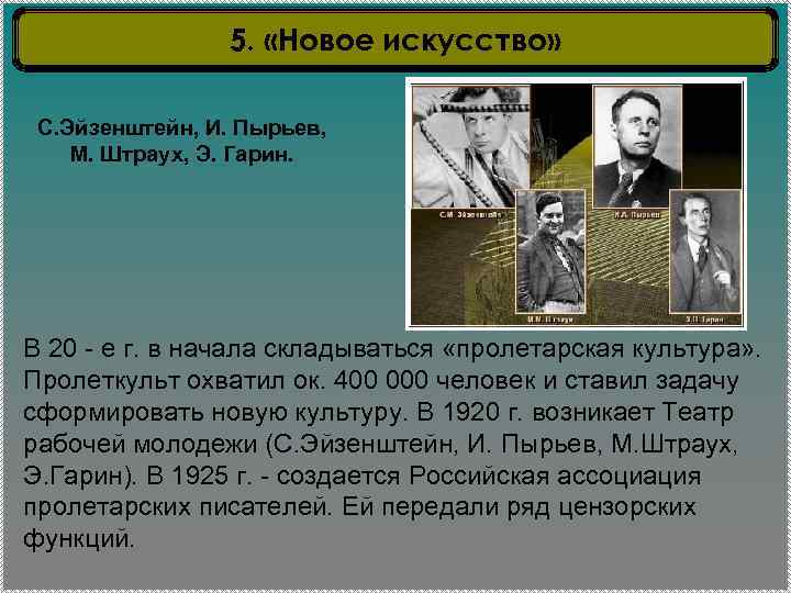 5. «Новое искусство» С. Эйзенштейн, И. Пырьев, М. Штраух, Э. Гарин. В 20 -