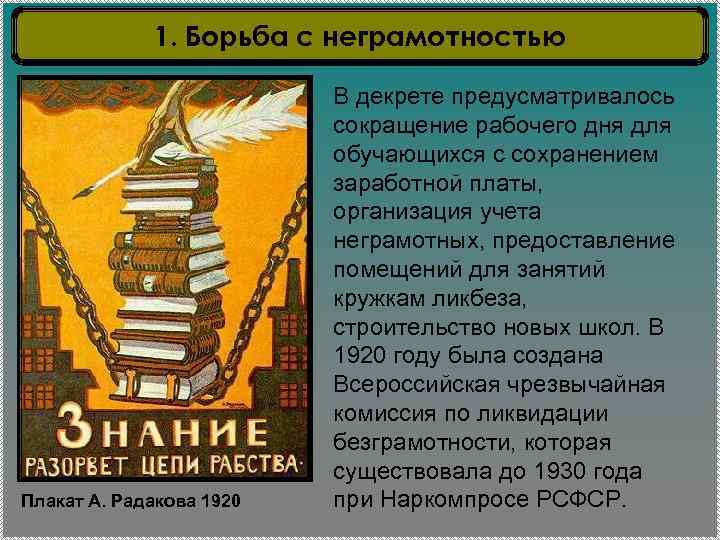 1. Борьба с неграмотностью Плакат А. Радакова 1920 В декрете предусматривалось сокращение рабочего дня