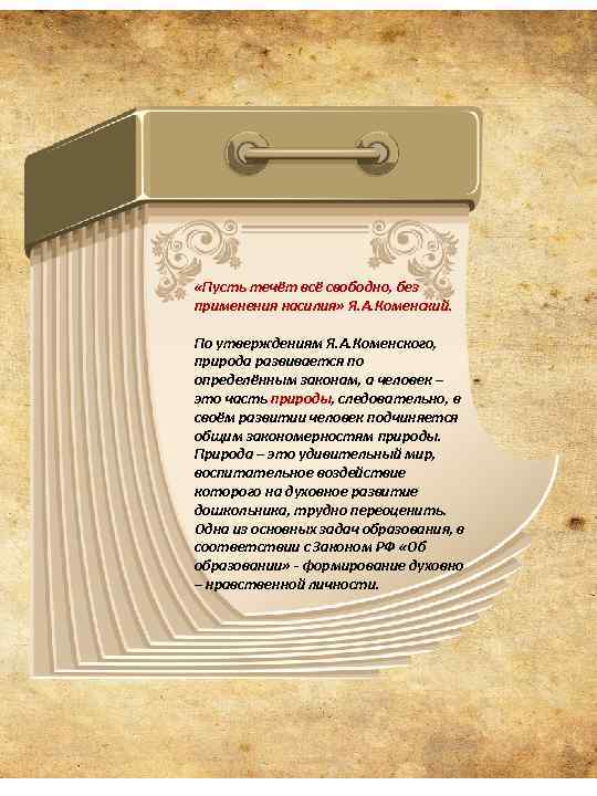  «Пусть течёт всё свободно, без применения насилия» Я. А. Коменский. По утверждениям Я.
