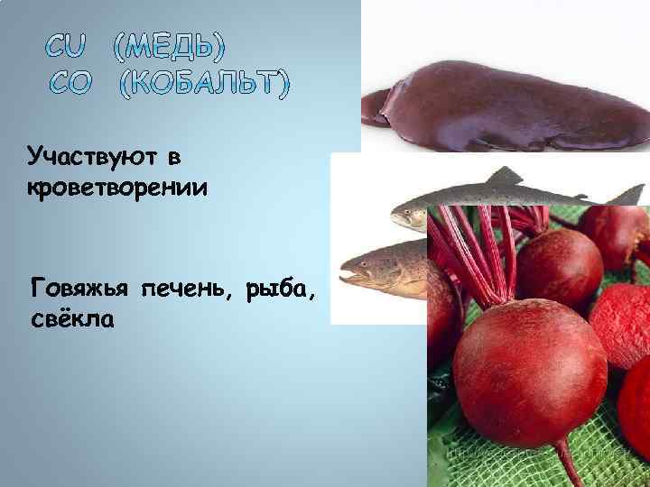 Участвуют в кроветворении Говяжья печень, рыба, свёкла 