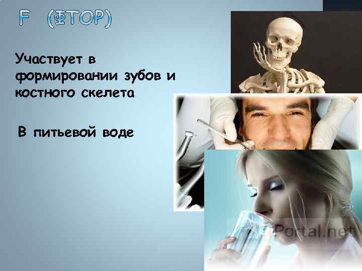 Участвует в формировании зубов и костного скелета В питьевой воде 