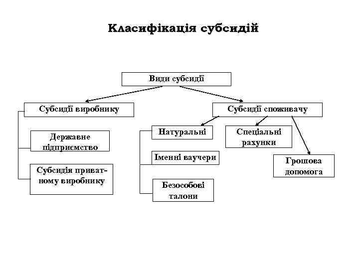 Класифікація субсидій Види субсидії Субсидії виробнику Державне підприємство Субсидія приватному виробнику Субсидії споживачу Натуральні