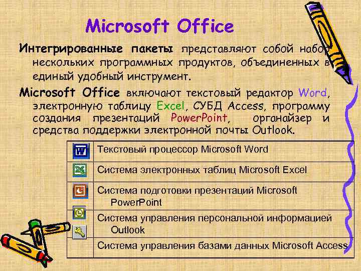 Microsoft Office Интегрированные пакеты представляют собой набор нескольких программных продуктов, объединенных в единый удобный