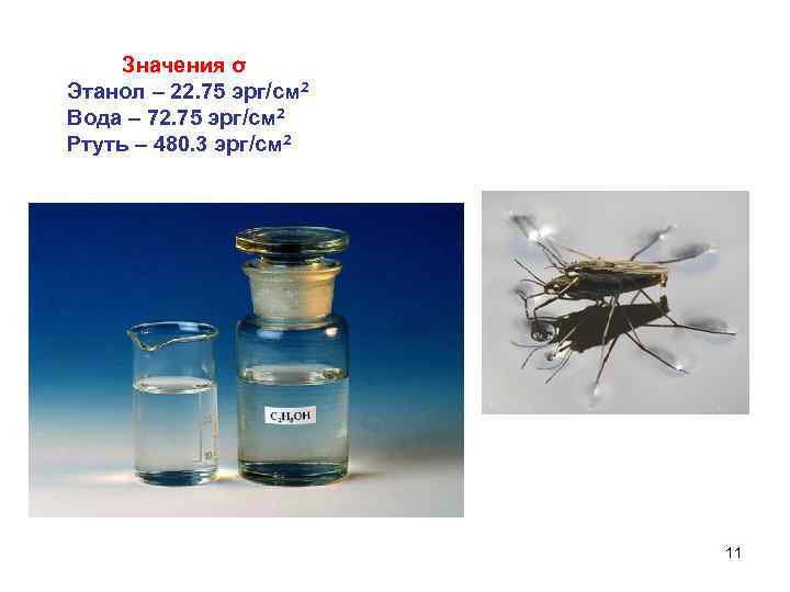  Значения σ Этанол – 22. 75 эрг/см 2 Вода – 72. 75 эрг/см