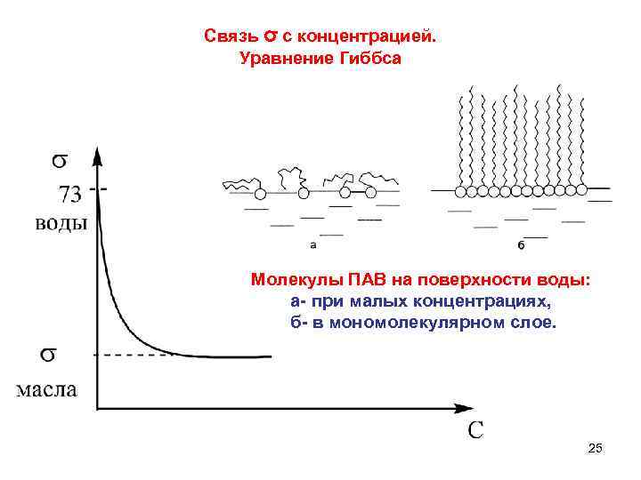 Связь σ с концентрацией. Уравнение Гиббса Молекулы ПАВ на поверхности воды: а- при малых