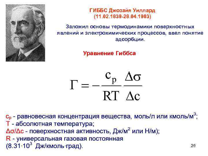 ГИББС Джозайя Уиллард (11. 02. 1839 -28. 04. 1903) Заложил основы термодинамики поверхностных явлений