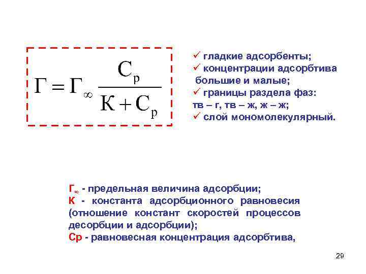 ü гладкие адсорбенты; ü концентрации адсорбтива большие и малые; ü границы раздела фаз: тв