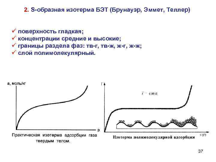 2. S-образная изотерма БЭТ (Брунауэр, Эммет, Теллер) ü поверхность гладкая; ü концентрации средние и