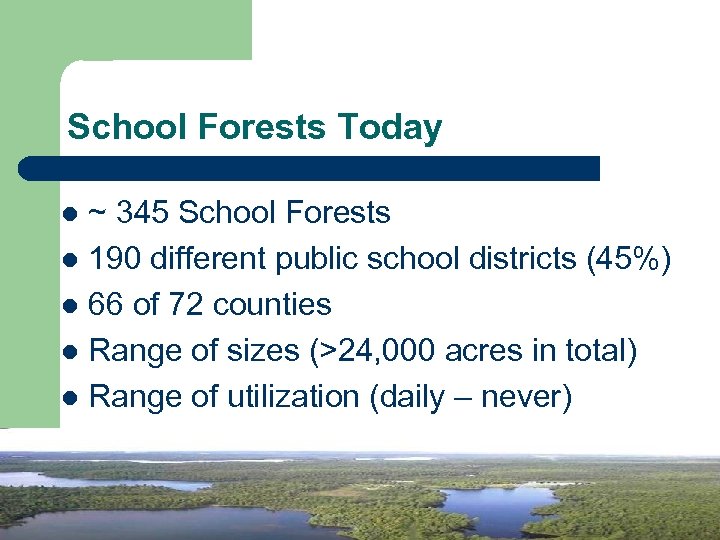 School Forests Today ~ 345 School Forests l 190 different public school districts (45%)