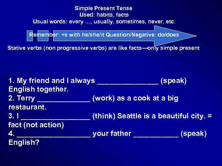 Simple Present Tense Used: habits, facts Usual words: every …, usually, sometimes, never, etc.