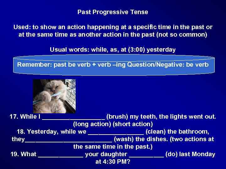 Past Progressive Tense Used: to show an action happening at a specific time in