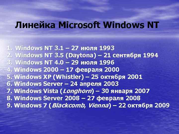 Линейка Microsoft Windows NT 1. Windows NT 3. 1 – 27 июля 1993 2.