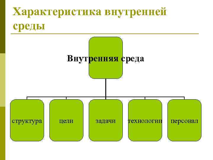 Характеристика внутренней среды Внутренняя среда структура цели задачи технологии персонал 