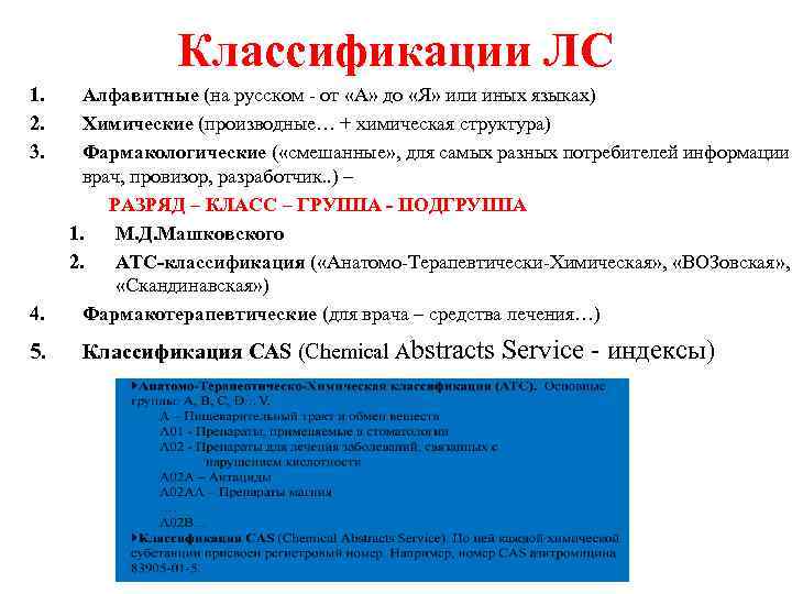 Классификации ЛС 1. 2. 3. 4. 5. Алфавитные (на русском - от «А» до
