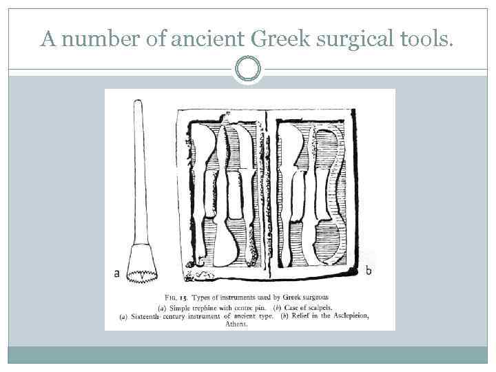 A number of ancient Greek surgical tools. 