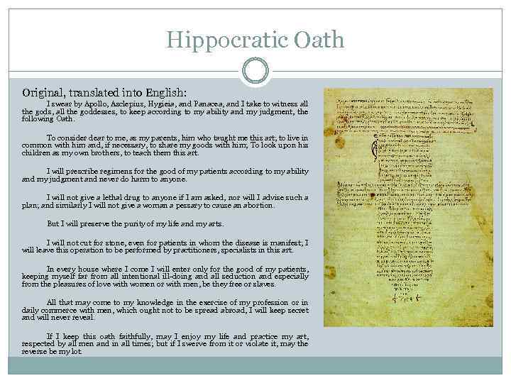 Hippocratic Oath Original, translated into English: I swear by Apollo, Asclepius, Hygieia, and Panacea,